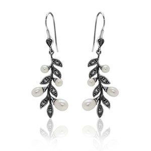 Long Vintage Freshwater Pearl and Marcasite Leaf Dangle Earrings